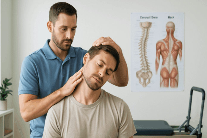 Physiotherapist guiding a patient through Cervicalgia Exercises in a rehab clinic, focusing on neck mobility and pain relief.