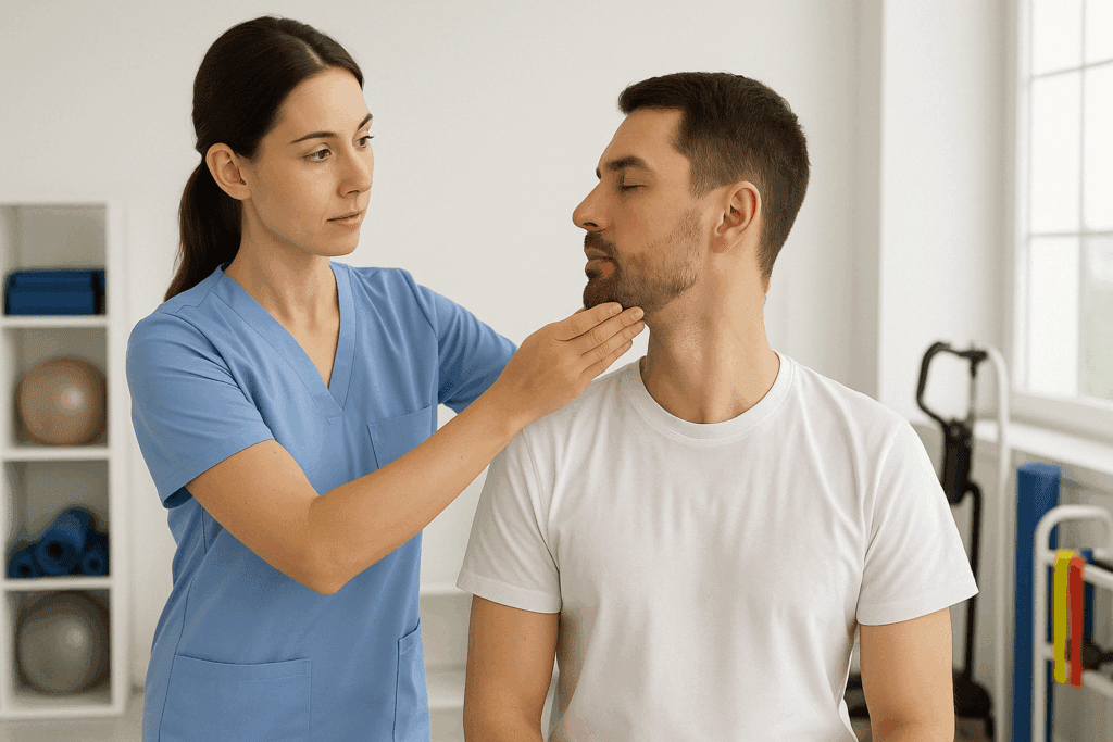 Physical therapist guiding a patient through Cervicalgia Exercises with chin tucks in a clinical setting.