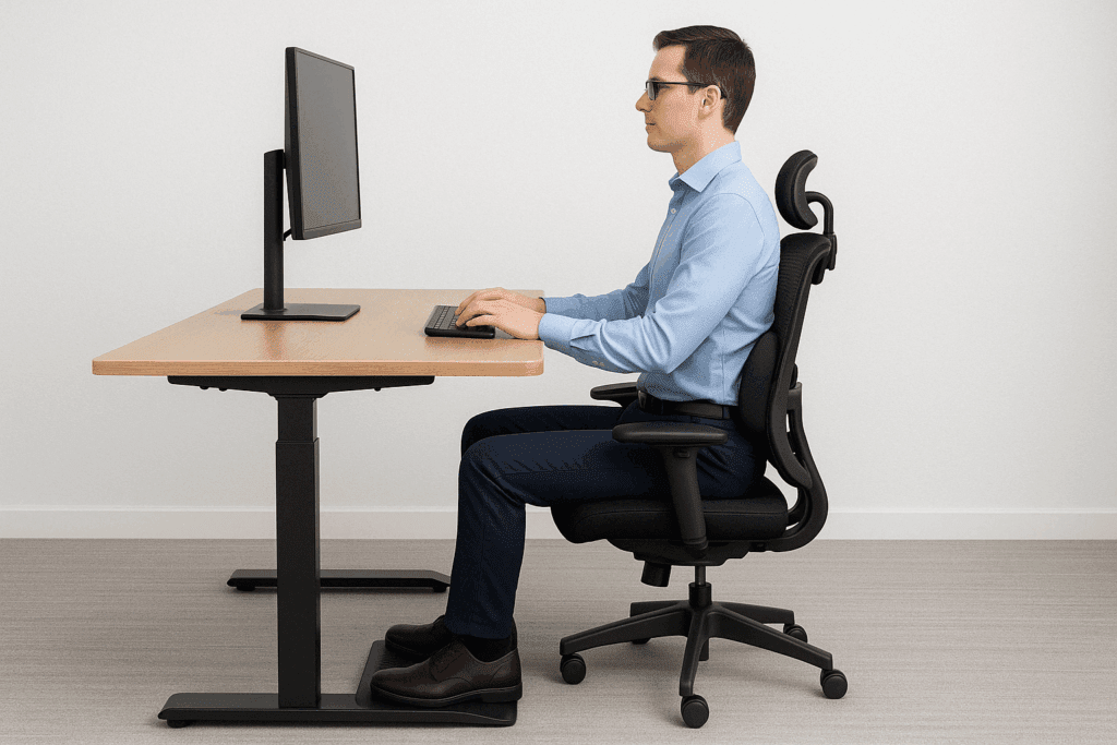 Office worker with ideal ergonomic posture at a standing desk setup used for Cervicalgia Exercises, showing aligned spine and neck support