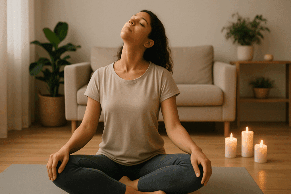 Woman practicing cervicalgia exercises with gentle neck rolls during a calming yoga session at home, surrounded by soft lighting and candles.