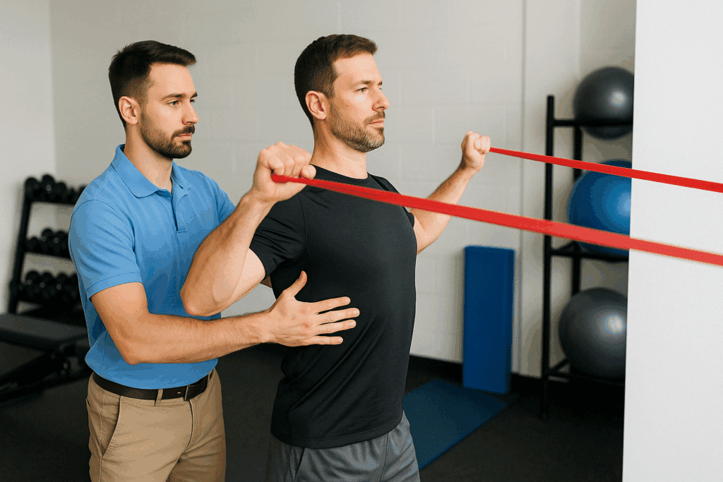 Physical therapist guiding patient through Cervicalgia Exercises with resistance bands to improve neck strength and posture in a clinical rehab setting.