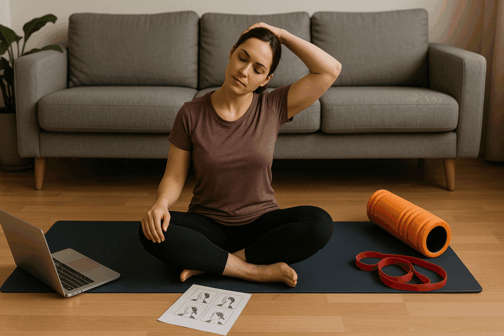 Woman performing Cervicalgia Exercises on a yoga mat at home with a printed neck stretch guide, laptop, foam roller, and resistance band nearby.