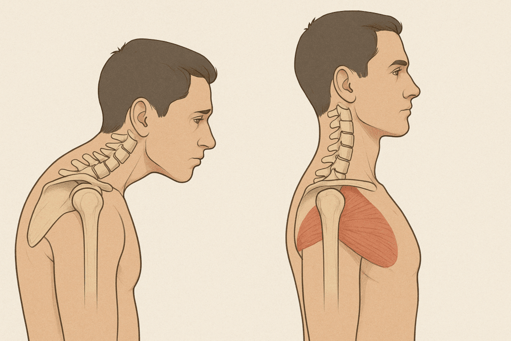 Side-by-side illustration comparing poor posture with forward head tilt to proper cervical alignment from Cervicalgia Exercises