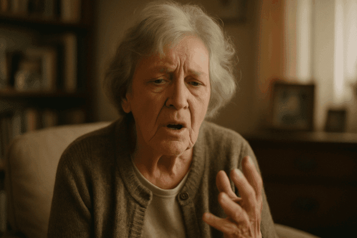 Elderly woman at home appearing confused while trying to speak, suggesting is mispronouncing words a sign of dementia.