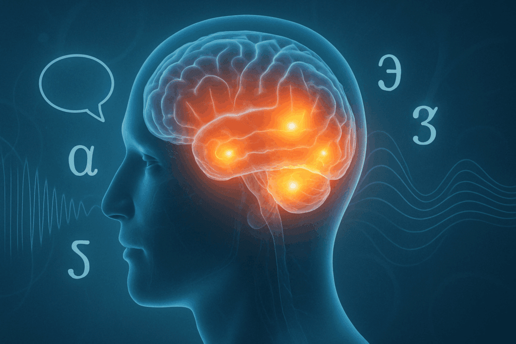 Conceptual brain illustration showing language centers and communication symbols, exploring if mispronouncing words is a sign of dementia.