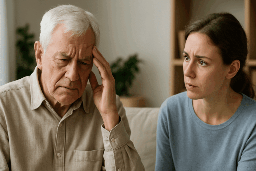 Older man pausing mid-sentence with a concerned expression as a younger woman listens attentively, illustrating the question: is mispronouncing words a sign of dementia?