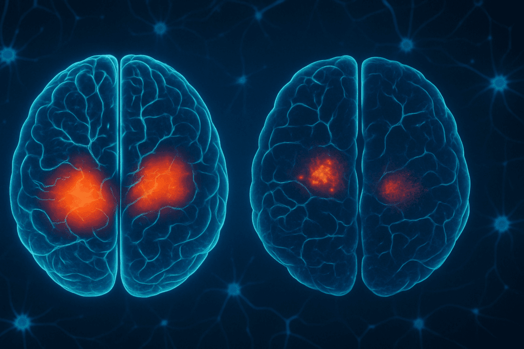 Stylized comparison of a healthy brain and one showing early cognitive decline in language areas, illustrating research on is mispronouncing words a sign of dementia.