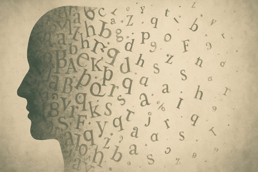 Silhouette of a human head dissolving into scattered letters, symbolizing language loss and asking is mispronouncing words a sign of dementia.