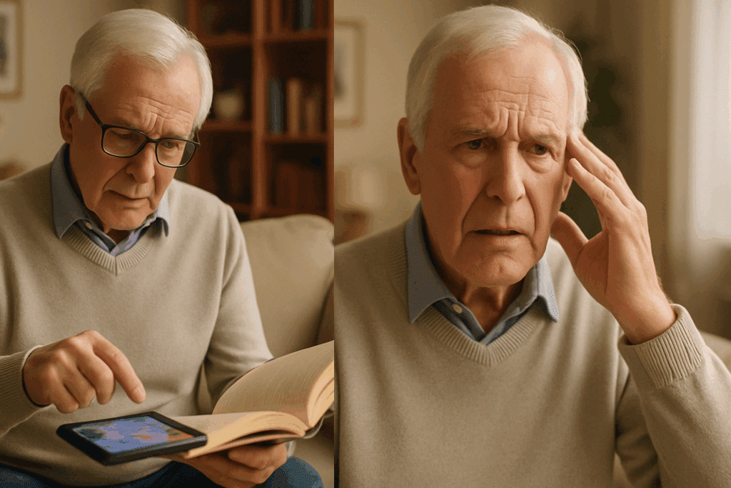 Split-screen of an older adult reading a book and using a brain game on a tablet on one side, and the same person appearing confused on the other—visualizing cognitive changes over time, exploring the question: is mispronouncing words a sign of dementia.