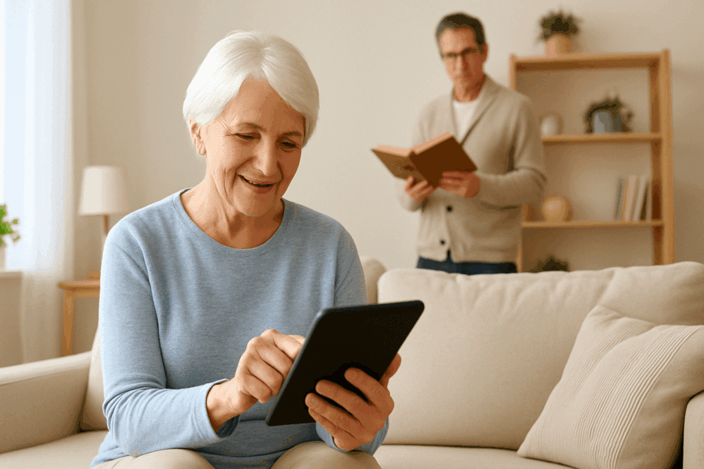 Older woman using a language app on a tablet at home while her partner reads in the background, illustrating a proactive approach to exploring if mispronouncing words is a sign of dementia.