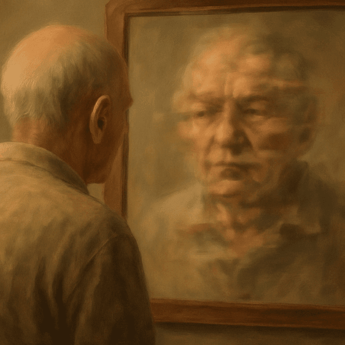 Elderly man staring into a mirror with a blurred, fragmented reflection, symbolizing Alzheimer vision problems and cognitive distortion.