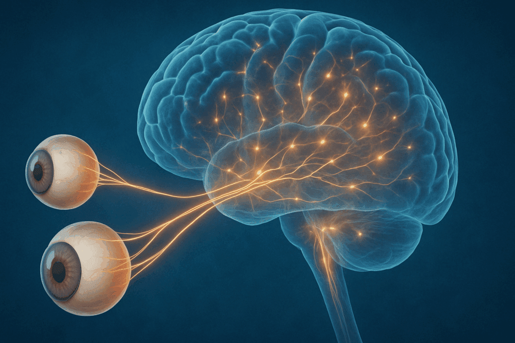 Artistic rendering of brain and eyes connected by optic nerves with glowing neural pathways illustrating Alzheimer vision problems.