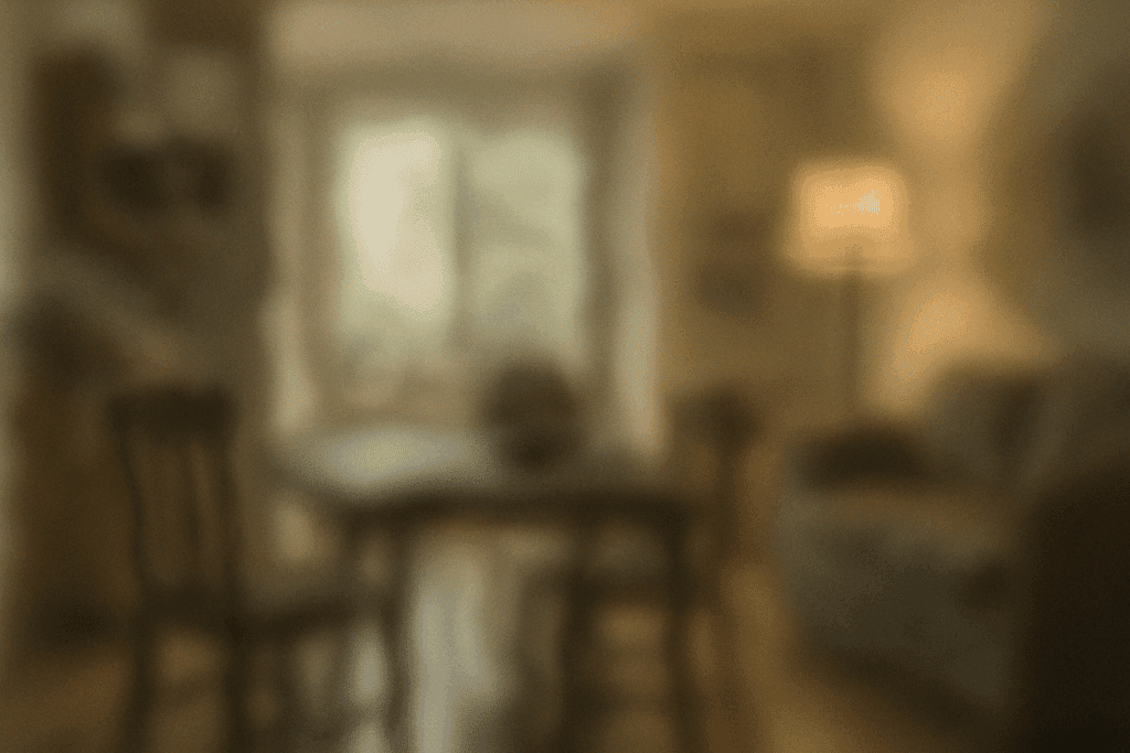 Distorted view of a living room with blurred furniture and low contrast, simulating Alzheimer vision problems in early cognitive decline.