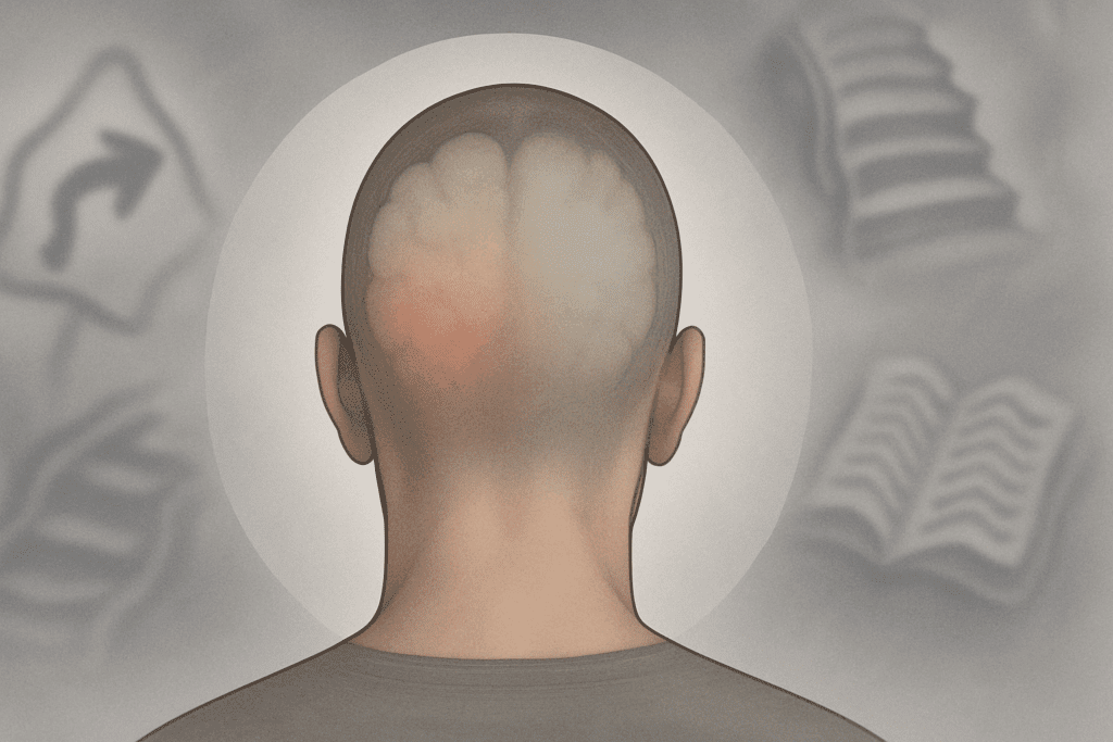 Conceptual illustration of Alzheimer vision problems showing brain atrophy in occipital and parietal lobes with distorted visual cues like blurry road signs and books.