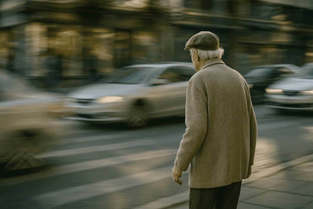 Elderly man hesitating at a busy crosswalk with motion-blurred cars and distorted reflections, illustrating Alzheimer vision problems.