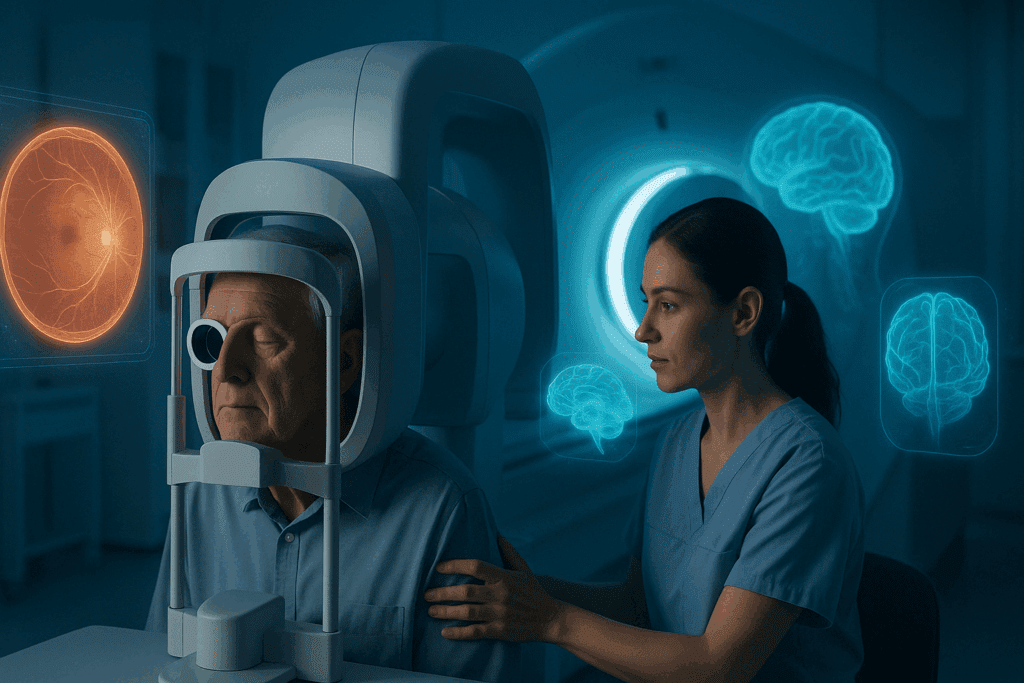 Elderly man undergoing high-tech eye and brain scan in a futuristic lab, illustrating research into Alzheimer vision problems.