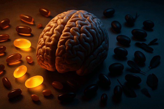 Human brain surrounded by glowing and shadowy vitamin capsules, symbolizing the debate over can vitamins cause dementia.