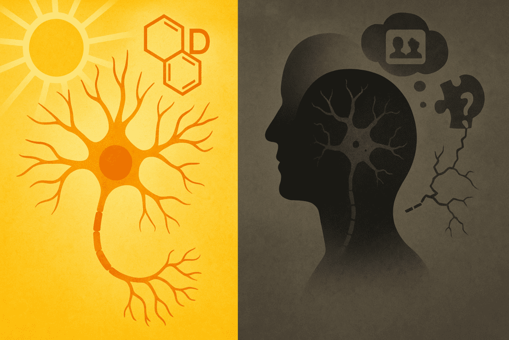 llustration of a healthy neuron supported by sunlight and vitamin D molecules, contrasted with damaged neurons symbolizing cognitive decline, exploring the question: can vitamins cause dementia.