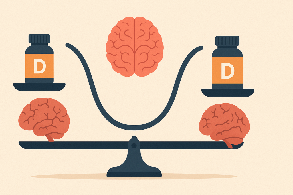 U-shaped curve illustration showing the balance between vitamin D deficiency and toxicity with distressed brains at both ends and a healthy brain in the center, symbolizing the question: can vitamins cause dementia.