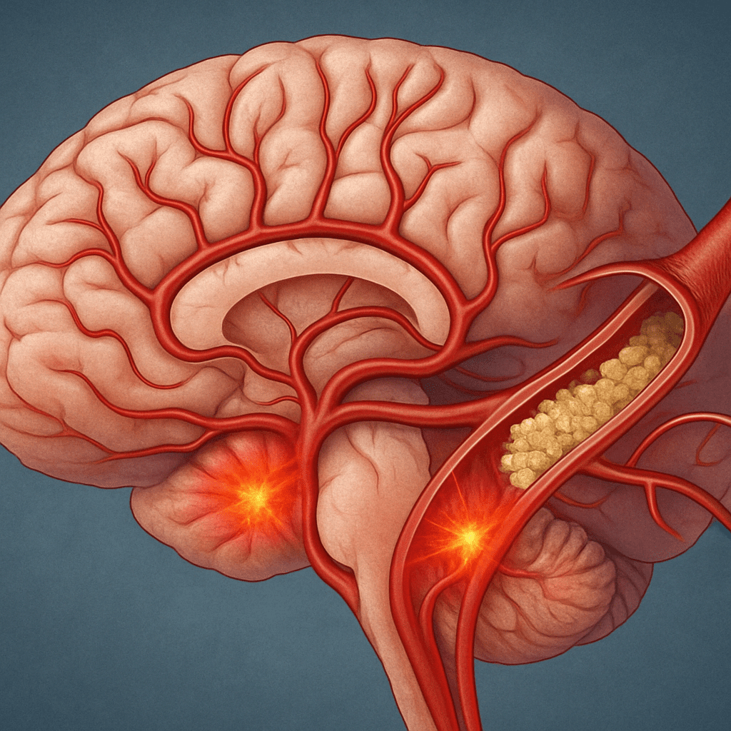 Medical illustration showing brain cross-section with calcium buildup in blood vessels, highlighting how excess vitamin D may explain how can vitamins cause dementia.