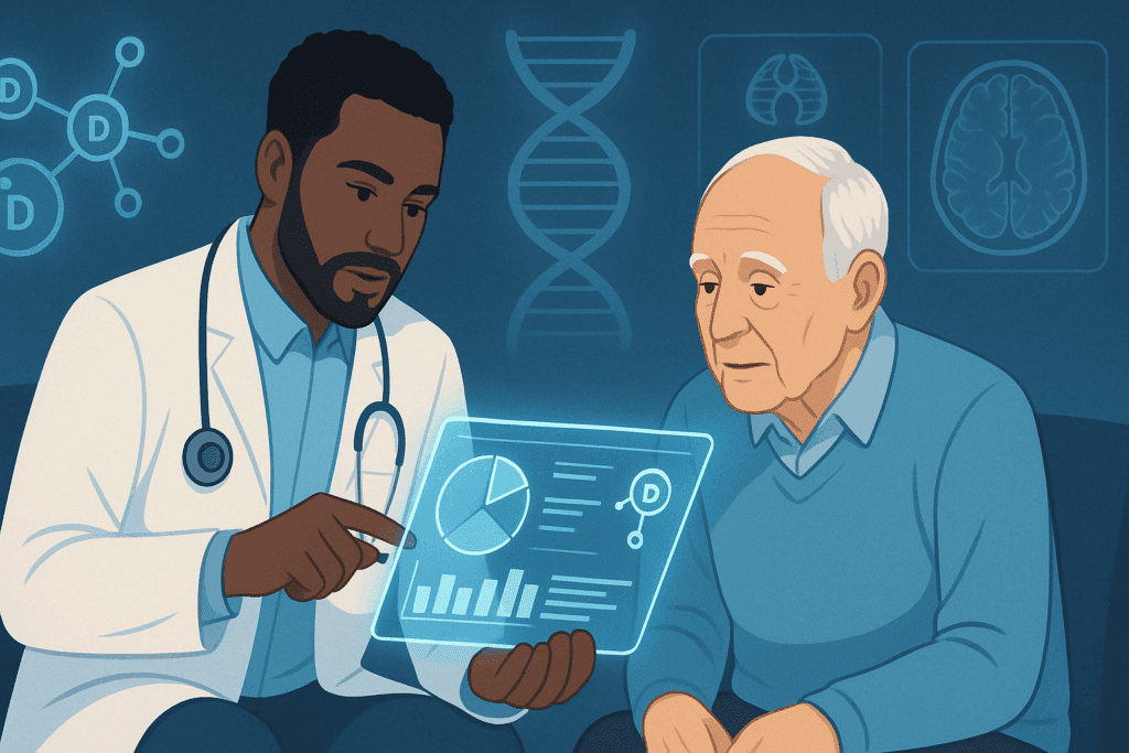 Healthcare provider reviewing personalized digital nutrient report with elderly patient, highlighting brain scans, vitamin D, and DNA strands—exploring can vitamins cause dementia.