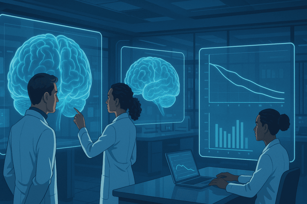 Futuristic lab scene with scientists analyzing 3D brain scans and holographic graphs exploring if can vitamins cause dementia through data-driven research.