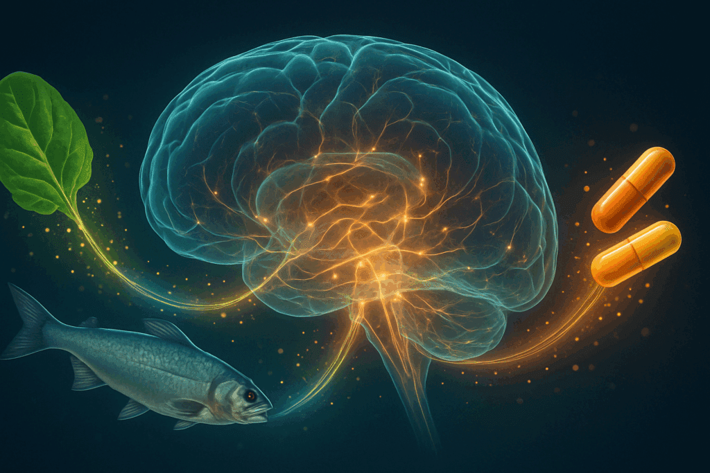Transparent human brain absorbing glowing nutrients from fish, leafy greens, and capsules, illustrating how diet and supplements may influence brain health and raise questions like can vitamins cause dementia.