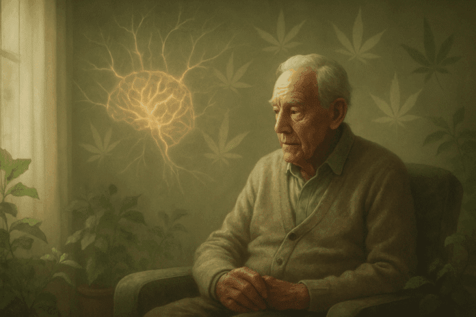 Elderly man sitting in a sunlit room surrounded by plants and glowing neural imagery, symbolizing the question: can cannabis help dementia.