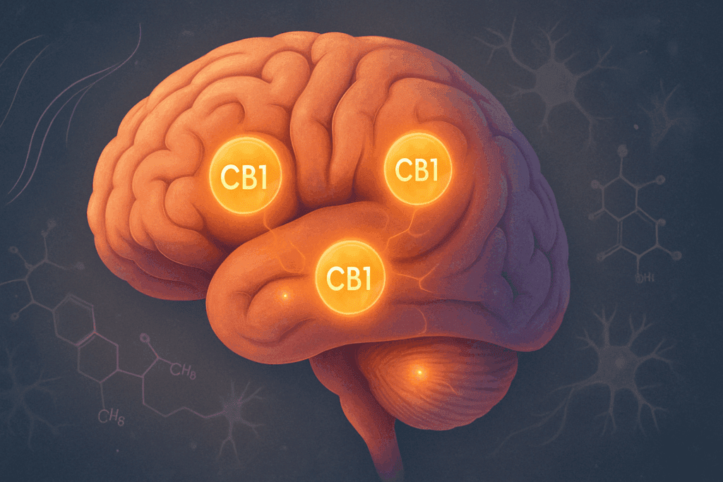 3D brain cross-section showing CB1 receptors in the hippocampus and frontal cortex, visualizing how THC interacts as scientists explore can cannabis help dementia.