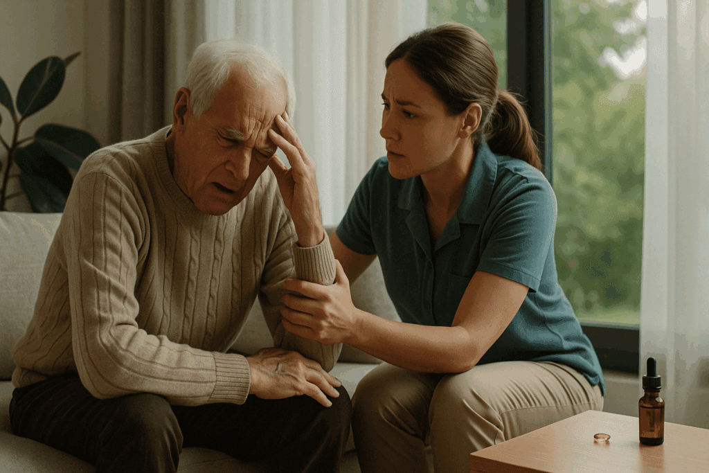 Caregiver calming an agitated elderly man with dementia in a serene living room, with cannabis oil subtly placed nearby, illustrating how can cannabis help dementia symptoms.
