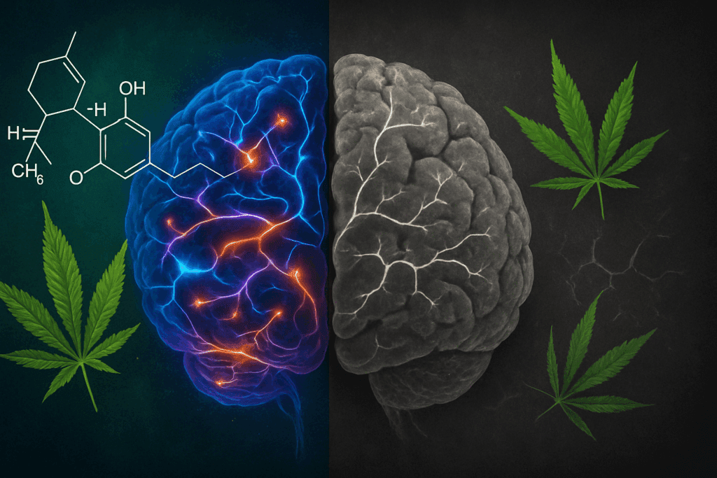 Split image of two brains showing potential effects of cannabis—one vibrant and active, the other fading—highlighting the debate: can cannabis help dementia.