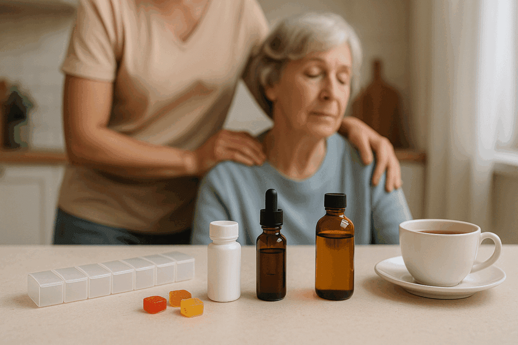 Low-dose cannabis edibles and tinctures on a kitchen counter beside a pill organizer and teacup, with an elderly woman and caregiver in the background, illustrating careful consideration of can cannabis help dementia care strategies.