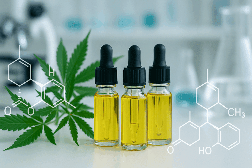 CBD oil vials with cannabis leaves and cannabinoid molecules in a lab setting, representing research exploring can cannabis help dementia.