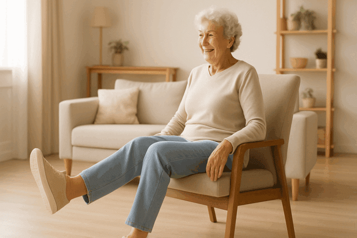 Elderly woman smiling while doing chair exercises for arthritic knees in a cozy, sunlit living room.