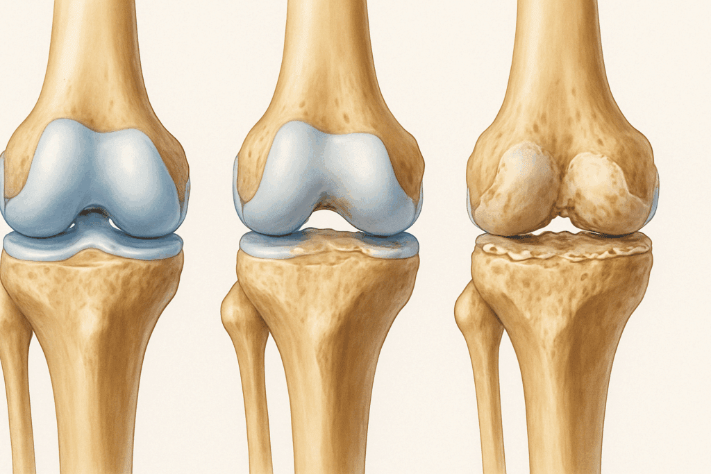 Medical illustration showing progression of knee joint damage from healthy cartilage to bone-on-bone degeneration, related to chair exercises for arthritic knees.