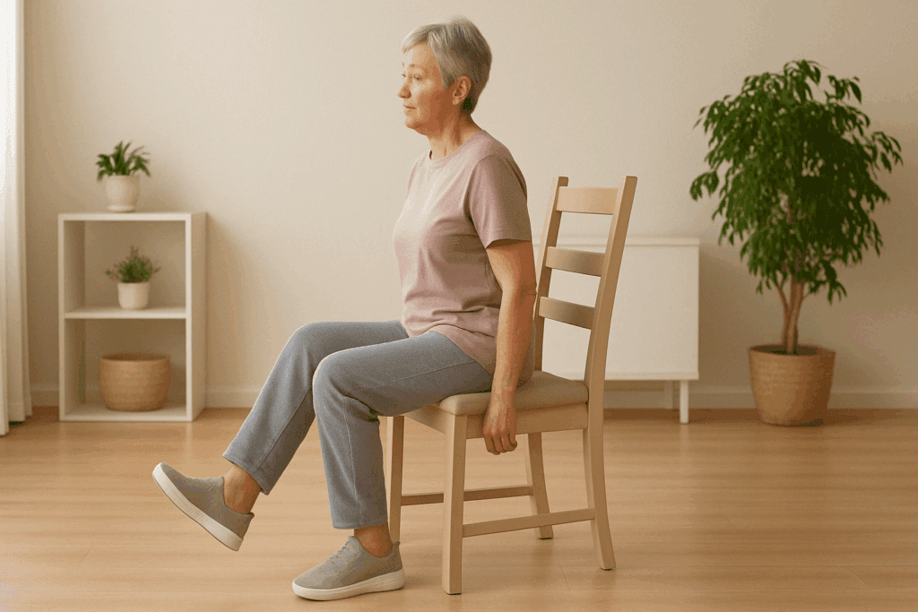 Older woman doing chair exercises for arthritic knees, seated in a calm room while lifting one leg in a gentle hamstring curl.
