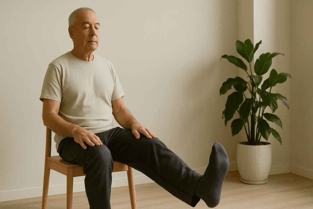 Older adult performing chair exercises for arthritic knees with eyes closed and one leg lifted in a calm, minimalist space.