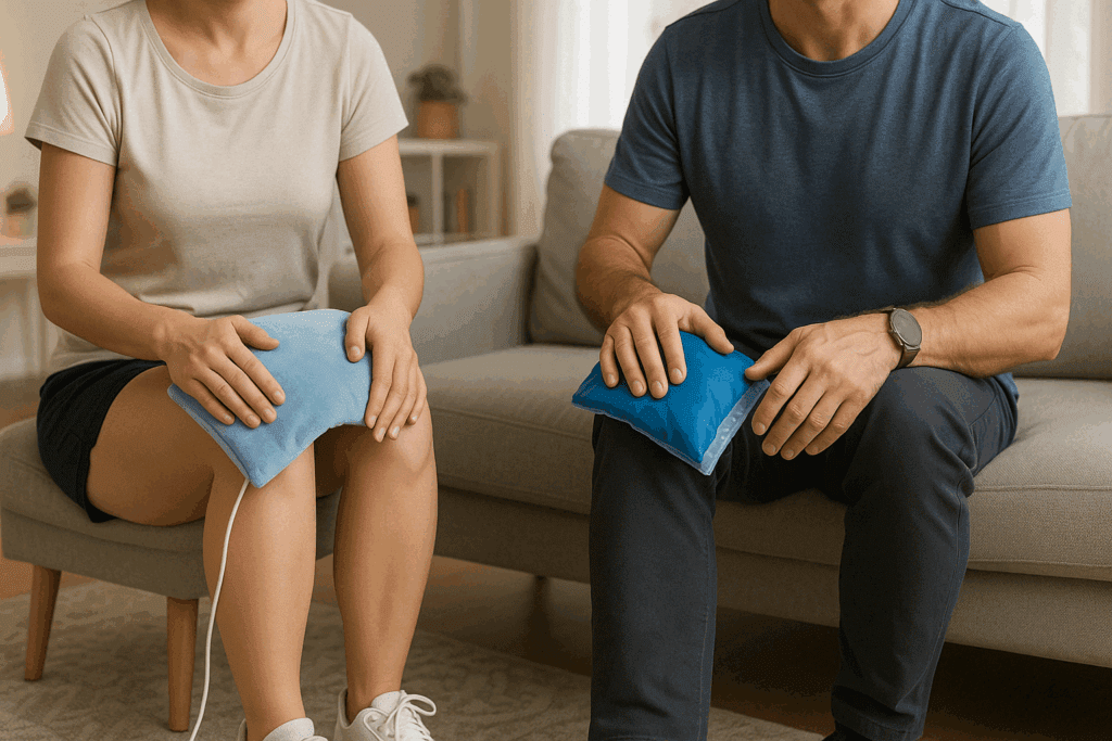 Man and woman demonstrating chair exercises for arthritic knees using a heating pad and ice pack for knee pain relief in a cozy home setting.