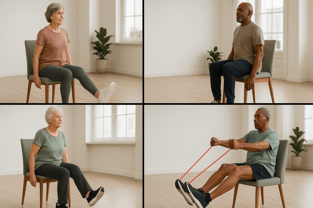 Older adults performing chair exercises for arthritic knees, including seated knee extension, heel lifts, hamstring curls, and resistance band press, in a bright home setting.