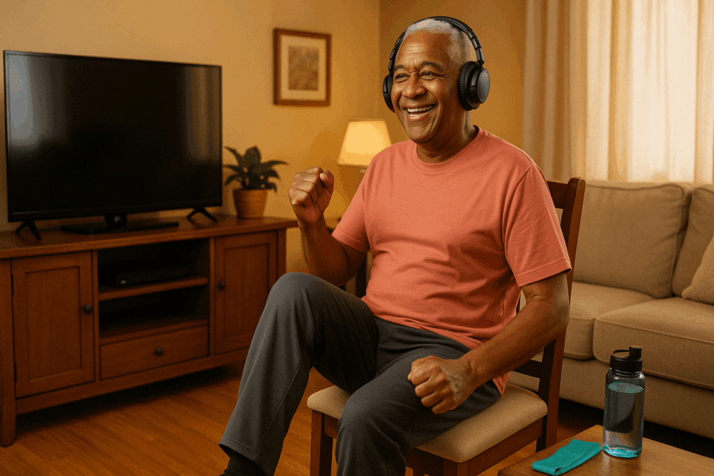 Cheerful older man doing chair exercises for arthritic knees while seated in a cozy living room with a water bottle and resistance band nearby.