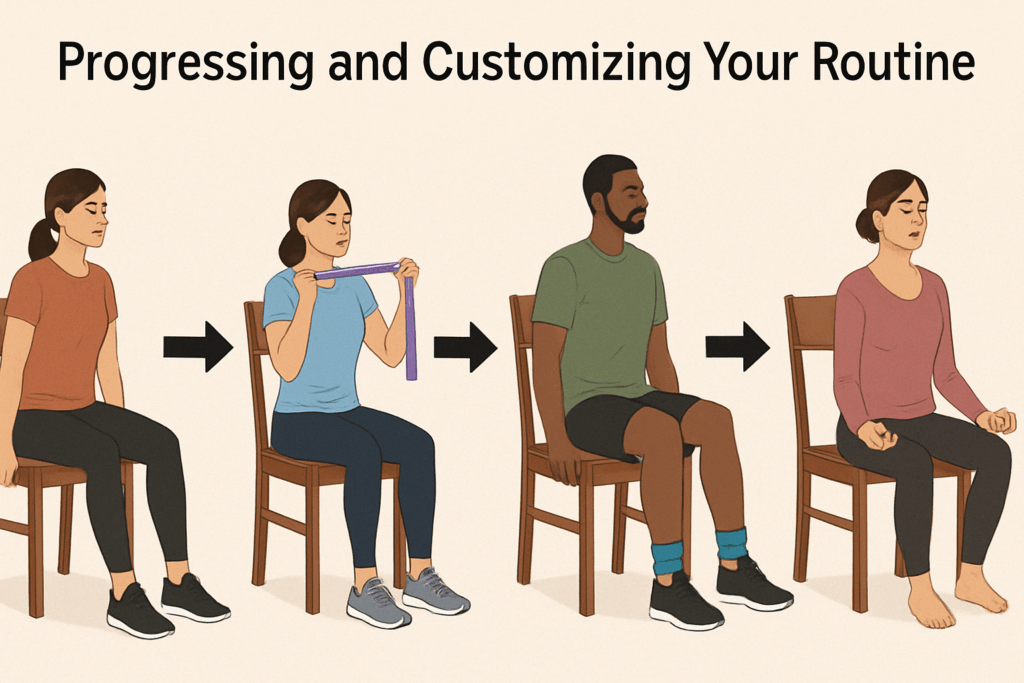 Infographic showing progression of chair exercises for arthritic knees, from basic seated moves to yoga-style poses with props