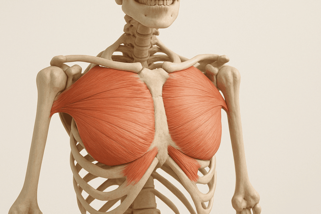 3D anatomical rendering of human upper torso showing pectoralis major and minor muscles used in best chest stretches