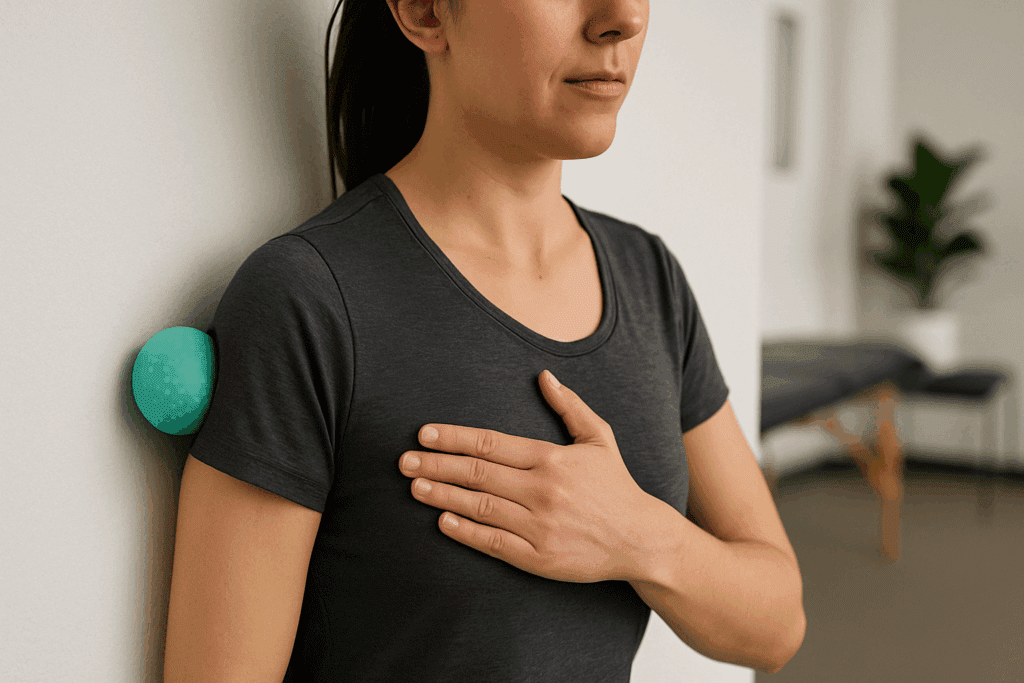 Woman demonstrating one of the best chest stretches using a massage ball against a wall in a rehab setting