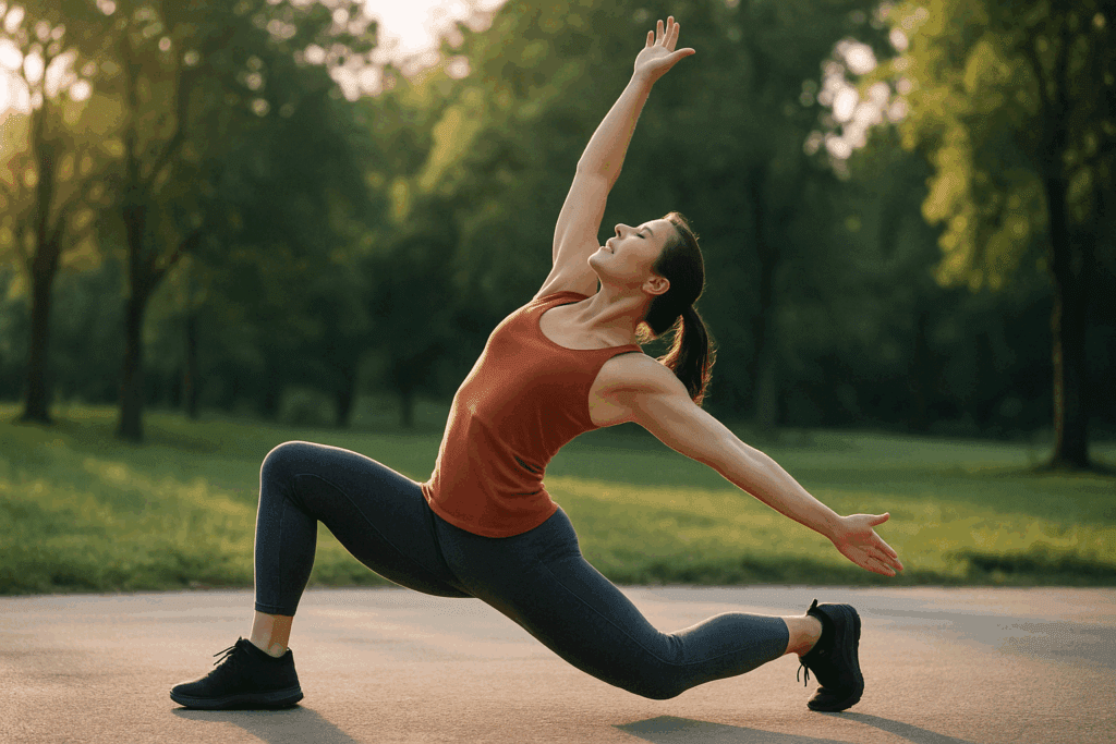 Woman performing a dynamic lunge with overhead arm extension in a park, demonstrating one of the best chest stretches for functional mobility.