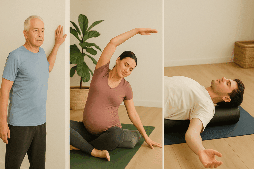 Three people demonstrating the best chest stretches: a senior using a wall stretch, a pregnant woman in a seated side stretch, and a post-rehab patient on a foam roller.