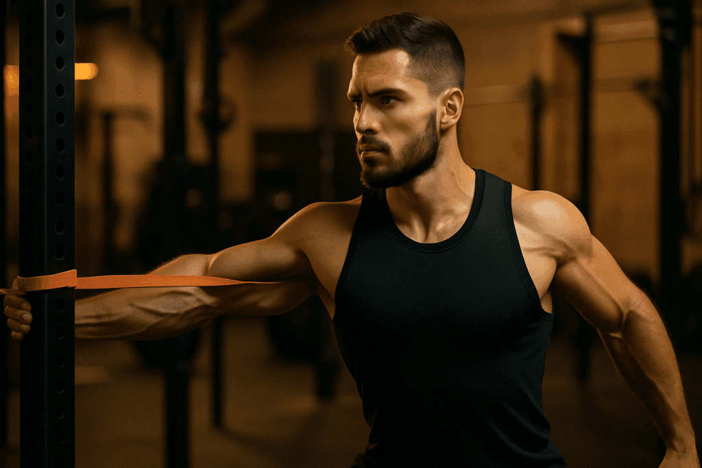 Muscular athlete performing one of the best chest stretches using a resistance band anchored to a gym rack at chest height.