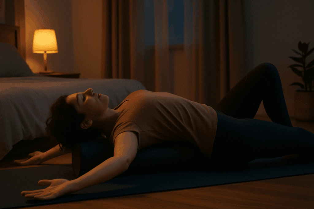 Woman practicing one of the best chest stretches on a foam roller in a cozy bedroom at twilight, arms extended in a T-shape.