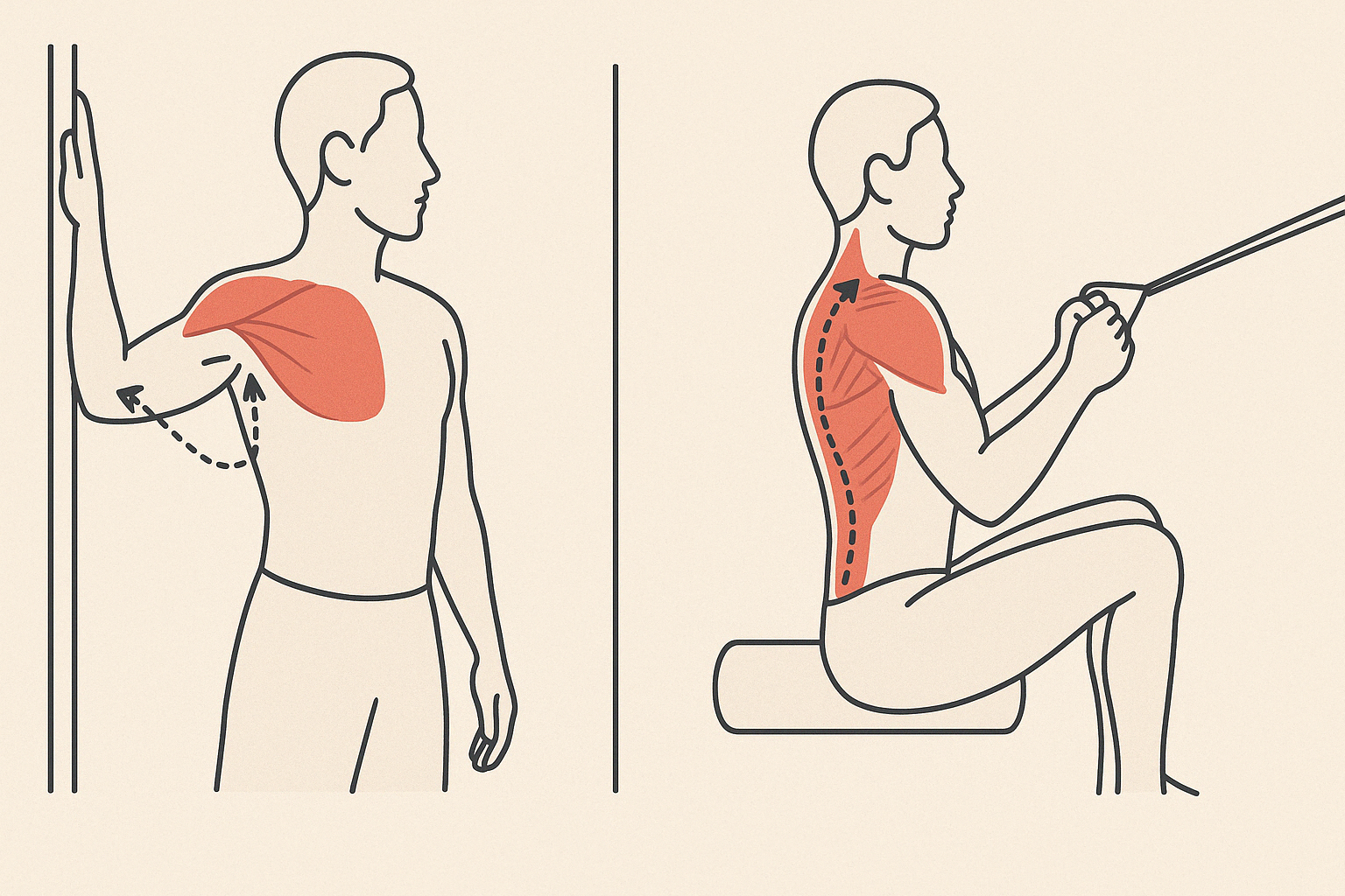 Side-by-side diagram showing one person performing a doorway pose for best chest stretches and another doing a resistance band back stretch to illustrate balanced muscle activation