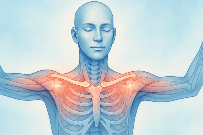 Anatomical illustration of a calm human figure with arms raised to show clavicle bones and shoulder joints, emphasizing the best clavicle and collarbone stretches for posture and mobility.