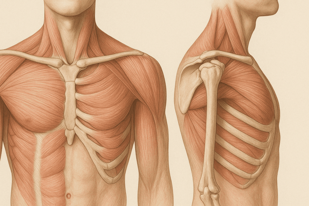 Anatomical illustration of the upper torso showing muscles and bones involved in the Best Clavicle and Collarbone Stretches, including the clavicle, scapula, sternum, and upper body muscles from front and side views.